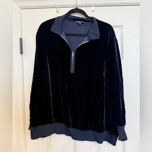 Lafayette 148 Long Sleeve Quarter Zip Collared Velvet Shirt Navy Blue Silk 2x